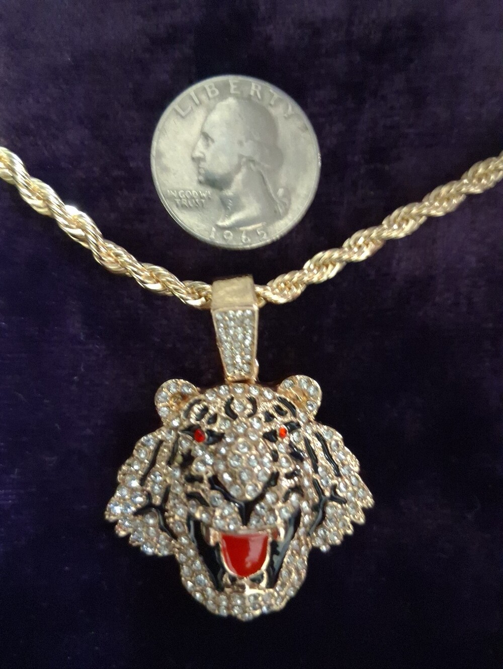 Gold-Tone Crystal Tiger Head Pendant Necklace - Red Accents
